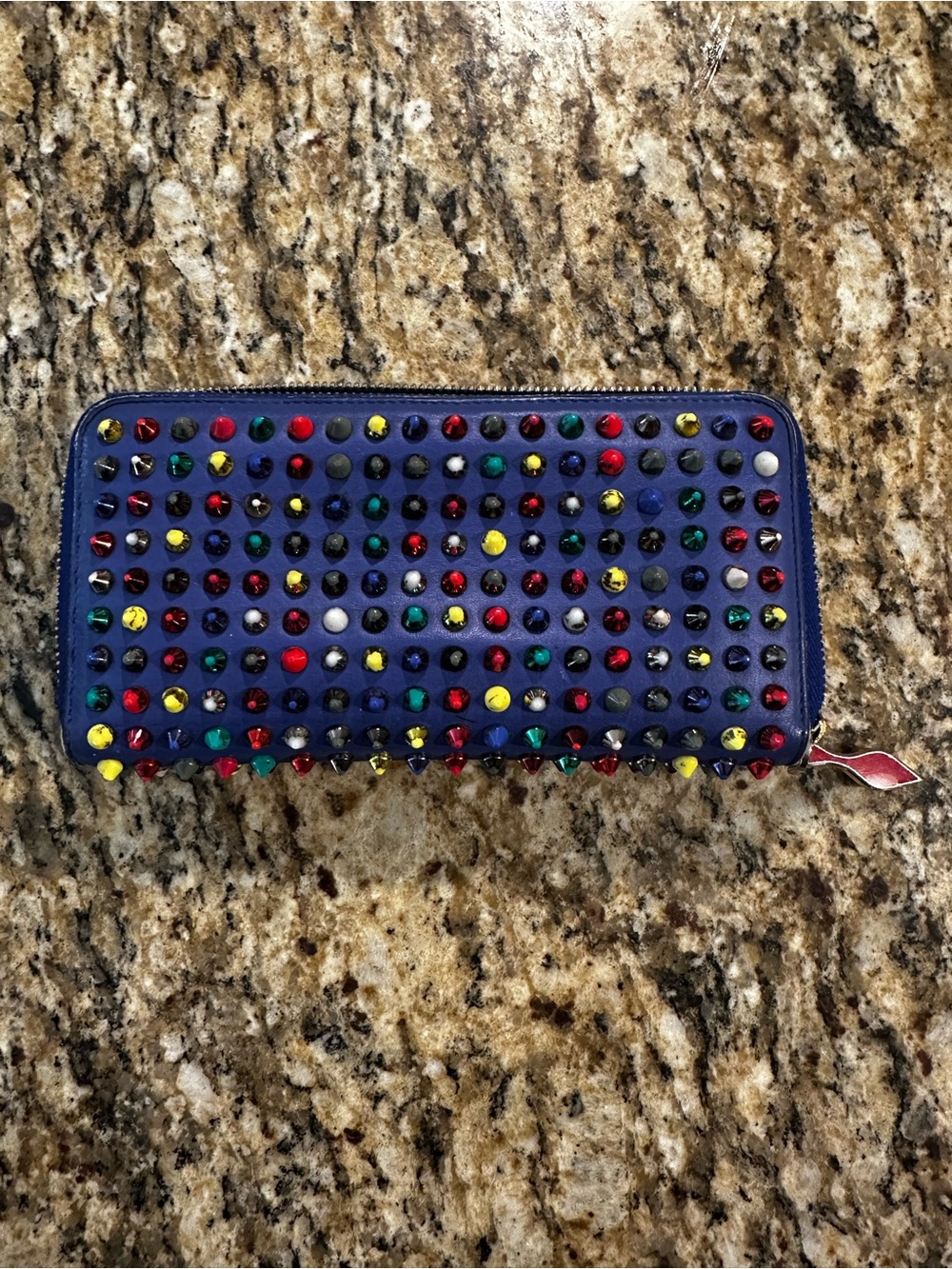 Christian Louboutin Electric Blue Studded Zip-Around Wallet - Picture 2 of 16